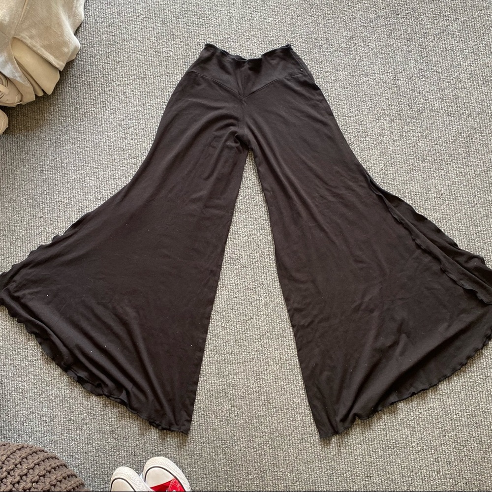 Black Wide Leg Lettuce Hem Pants with Slits